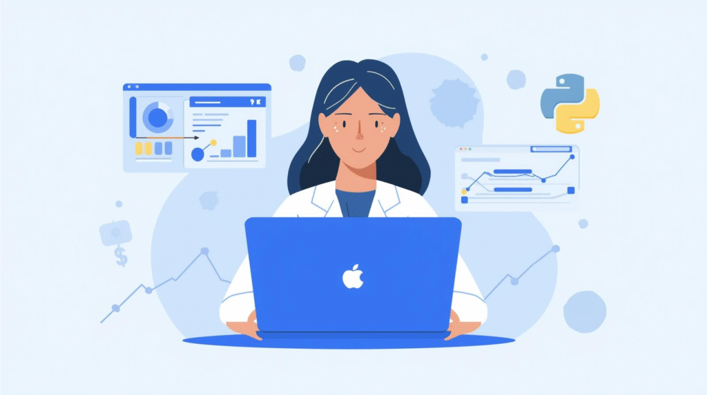 Data scientist analyzing data science salary trends with charts and graphs, representing career growth and earnings.